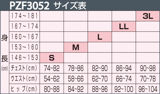 サイズ表 PZF3052、PZF3141